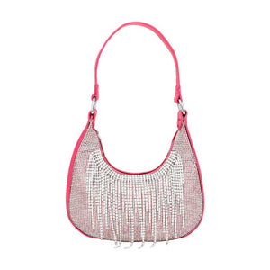 Pink Rhinestone Fringe Evening Shoulder Crossbody Bag, exudes glamour and sophistication with its sleek design and rhinestone detailing. It features an adjustable shoulder strap and a durable closure to ensure all your belongings stay secure. Shine up with This Rhinestone Fringe Evening Shoulder Crossbody Bag.