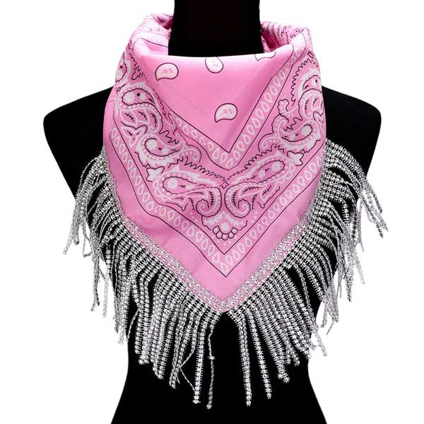 Pink-Rhinestone Like Fringe Cowgirl Bandana Scarf adds a touch of sparkle and charm to any outfit. The fringe detailing and cowgirl motif make it a perfect accessory for any western-themed event. Made with high-quality materials, this scarf offers both style and durability. Perfect gift choice for someone you love.