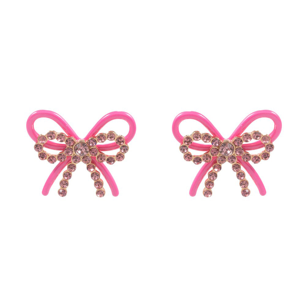 Pink Rhinestone Paved Color Metal Wire Bow Earrings are a stylish and elegant addition to any outfit. The intricate design and sparkling rhinestones add a touch of glamour, while the metal wire construction ensures durability. Perfect for any occasion, these earrings are a must-have for any fashion-savvy individual.]