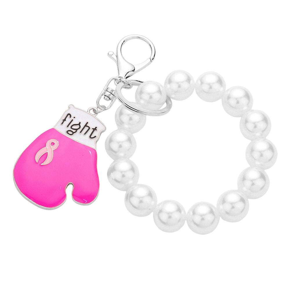 Pink Rhodium Fight Pink Ribbon Glove Pearl Stretch Keychain Bracelet, keychain bracelets are fun handcrafted jewelry that fits your lifestyle, adding a pop of pretty color. Enhance your attire with this vibrant artisanal bracelet to show off your fun trendsetting style. Great gift idea for your Wife, Mom, or your Loving One.