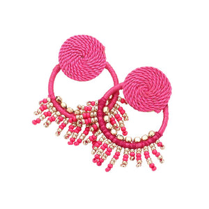 Pink Rope Wrapped Beaded Fringe Open Circle Earrings, are fun handcrafted jewelry that fits your lifestyle, adding a pop of pretty color. Highlight your appearance, and grasp everyone's eye at your party. These are Great gifts idea for your Wife, Mom, your Loving one, or family member.