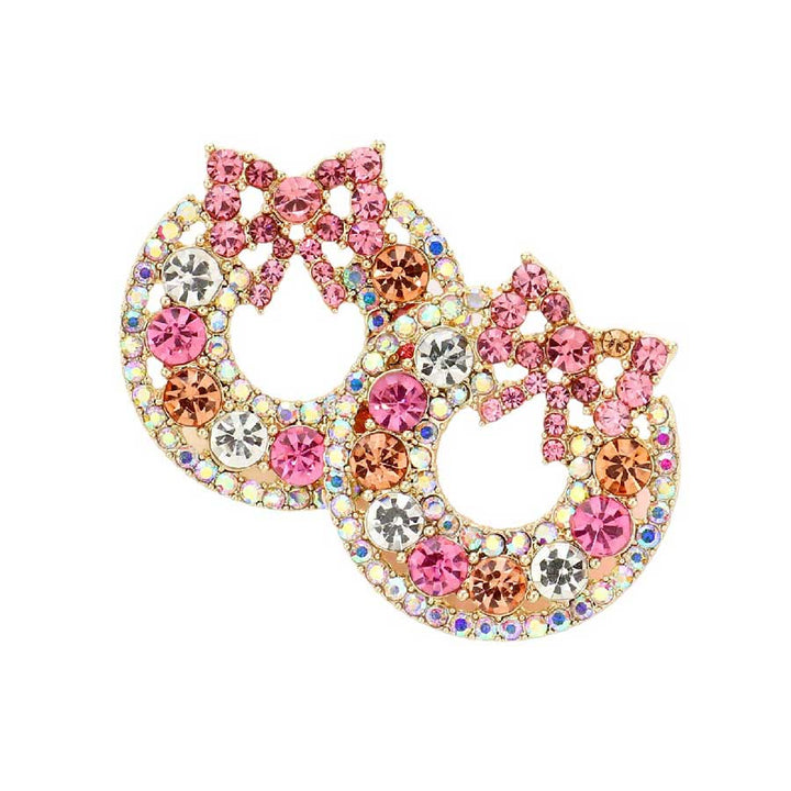 Pink Round Stone Christmas Wreath Earrings, are a special edition collection of beautiful jewelry. Each earring features a round stone in a Christmas wreath design that is perfect for the holidays. They are sure to add a classy accent to any outfit. Ideal Christmas gift for friends and family members.