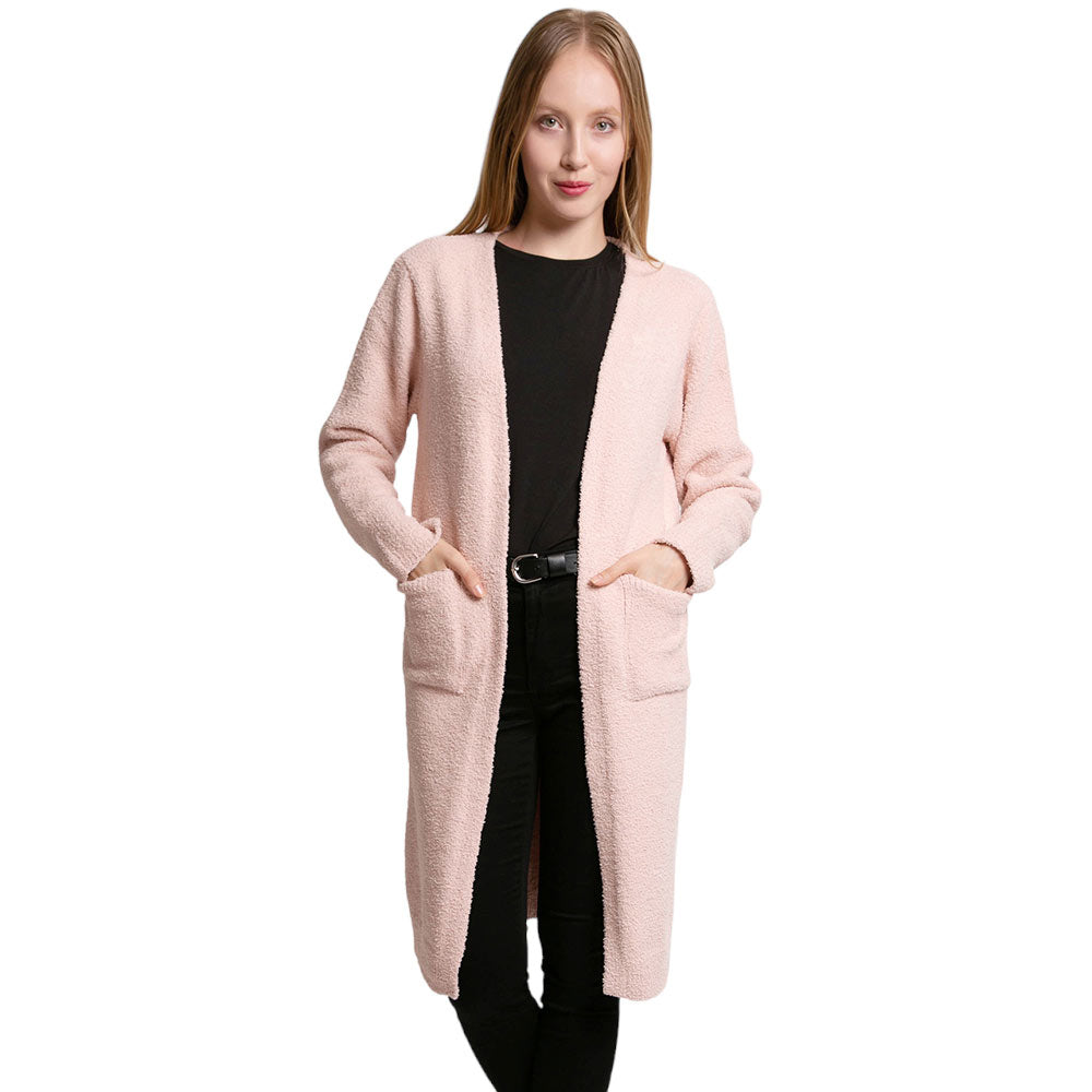 Pink Solid Front Pockets Long Cardigan, delicate, warm, on-trend & fabulous, a luxe addition to any cold-weather ensemble. Great for daily wear in the cold winter to protect you against the infinity-style amps up the glamour with a plush. Perfect Gift for wife, mom, birthday, holiday, etc.