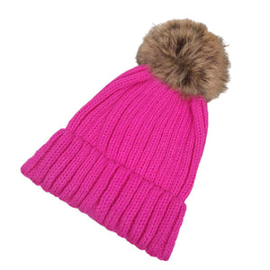 Pink Solid Knit Faux Fur Pom Pom Beanie Hat, stay warm during the chilly months with this cozy pom pom beanie hat. This is the perfect hat for any stylish outfit or winter dress. Perfect gift item for Birthdays, Christmas, Stocking stuffers, Secret Santa, holidays, anniversaries, Valentine's Day, etc.