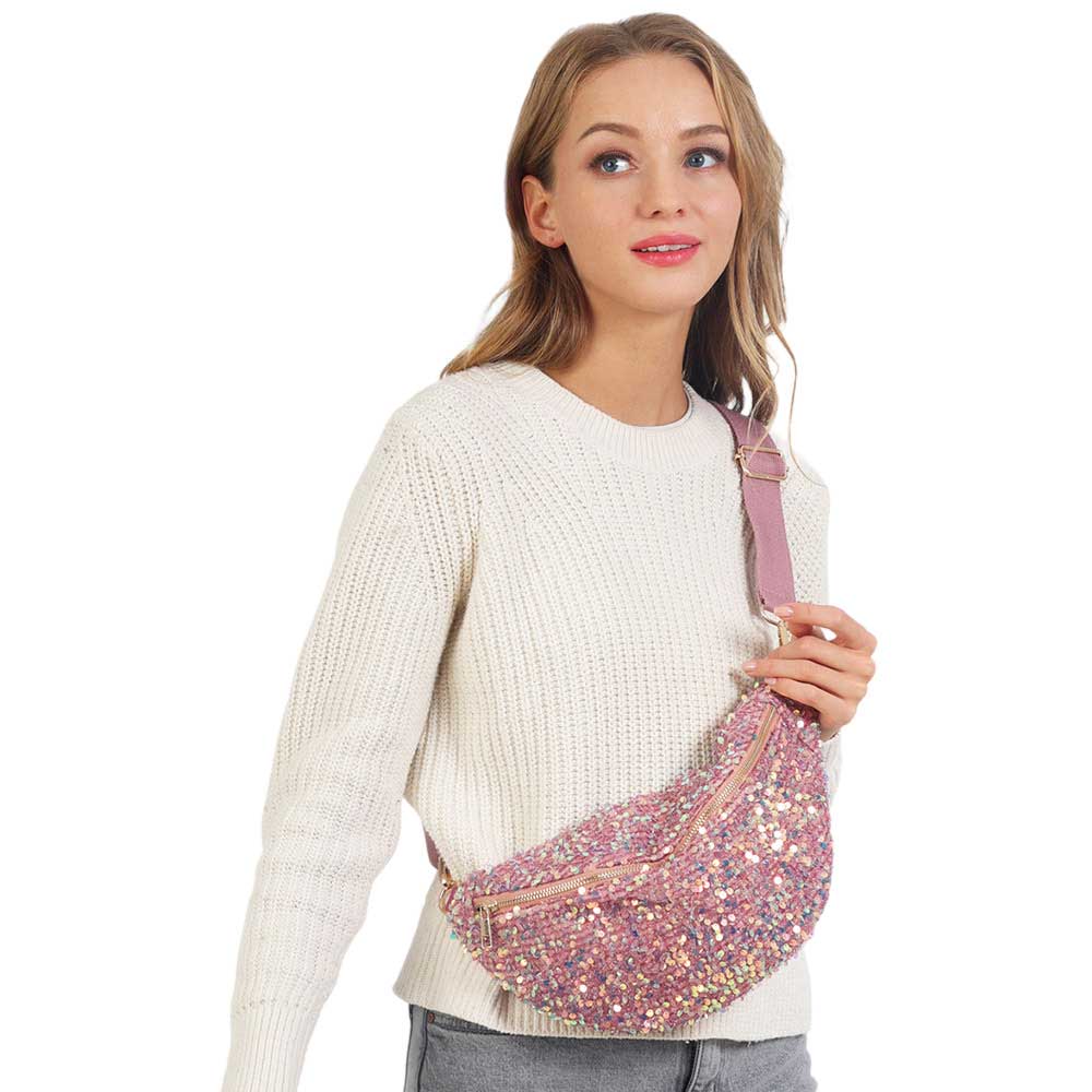 Pink Sparkle Sequin Solid Sling Bag Fanny Pack Belt Bag, make yourself stand out & be the ultimate fashionista while carrying this beautiful straw sling bag. Great for when you need something small to carry in your bag. perfect for money, credit cards, keys or coins, and many more things. Stay comfortable and trendy.