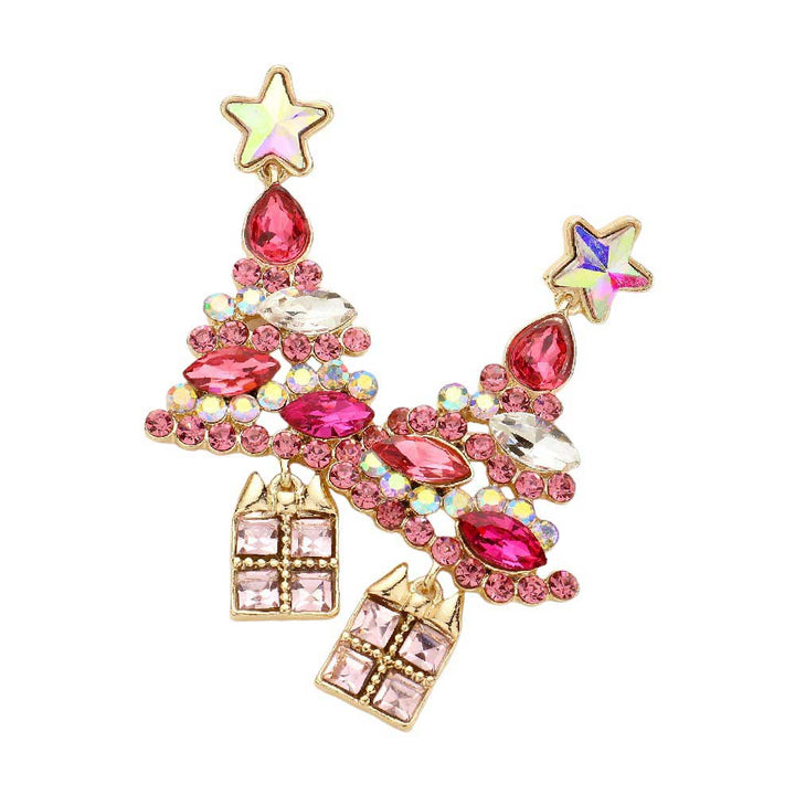 Pink Stone Embellished Christmas Tree Dangle Earrings. Celebrate the Christmas season with these. With a delicate mix of stones, its festive tree design will add a touch of sparkle to your outfit. Perfect for giving your loved ones a special gift this holiday season.