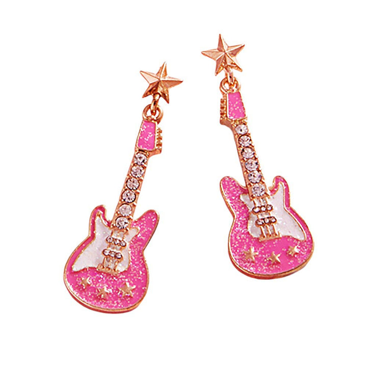 Pink-Stone Embellished Glittered Enamel Guitar Dangle Earrings add a touch of sparkle and charm to any outfit. With their unique design and high-quality materials, these earrings are perfect for music lovers and fashion enthusiasts alike. Elevate your style with these stunning and beautifully crafted earrings.