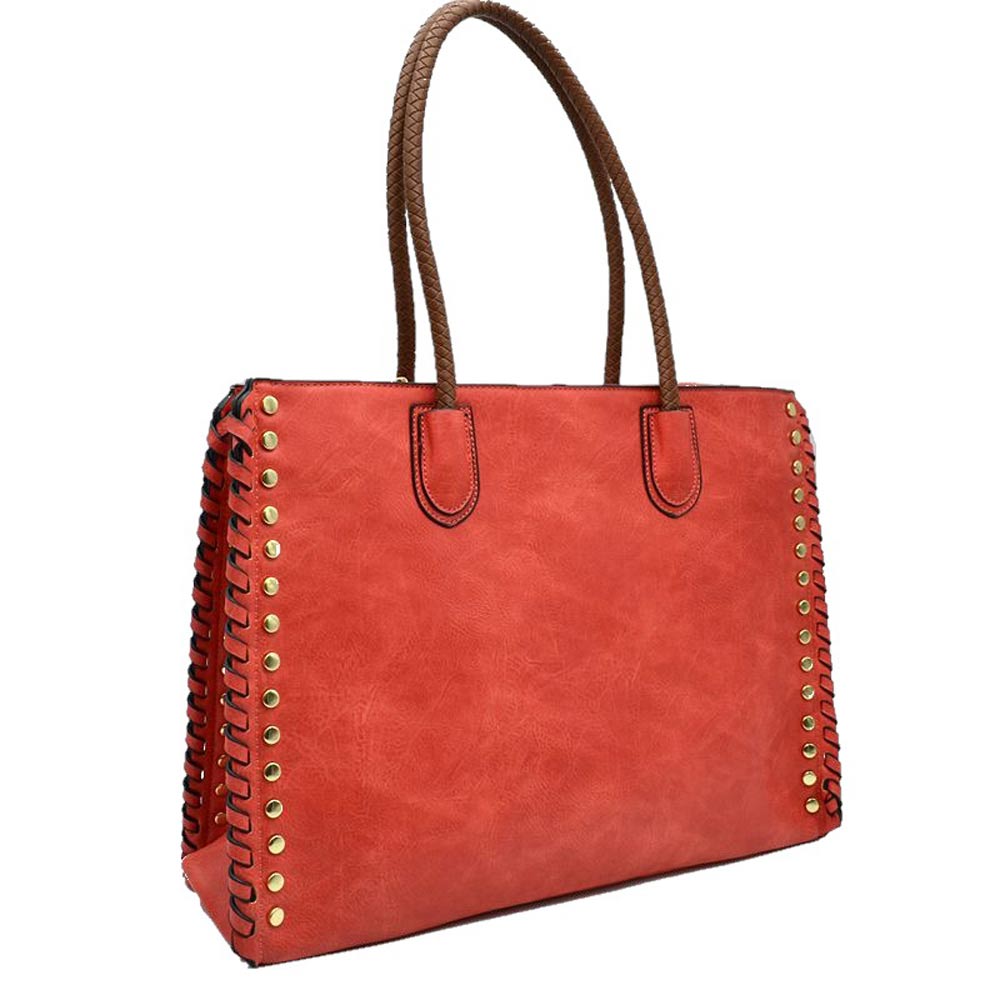 Pink Studded Faux Leather Whipstitch Shoulder Bag Tote Bag, is crafted from high-quality faux leather, featuring a stylish whipstitch trim and studded accents. Its adjustable strap makes it perfect for everyday use, this spacious handbag features a roomy interior to hold all your essentials. This bag is sure to turn heads.