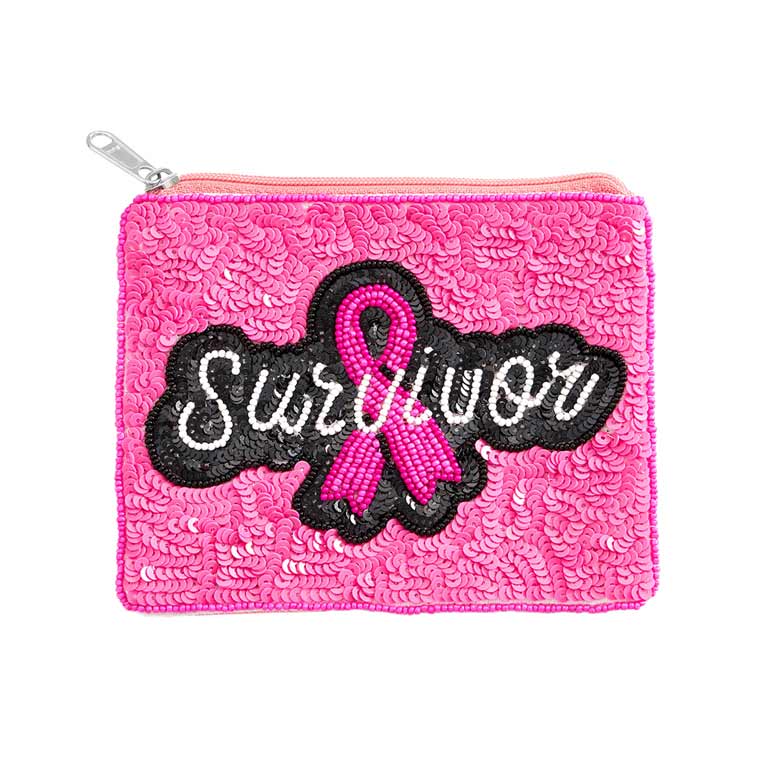 Pink Survivor Message Sequin Beaded Pink Ribbon Mini Pouch Bag, is a beautiful accessory that is going to be your absolute favorite new purchase! It features a beautiful beaded design, a survivor message with an upper zipper closure & attractive design. This unique pink ribbon pouch is a fantastic gift for your loved one.