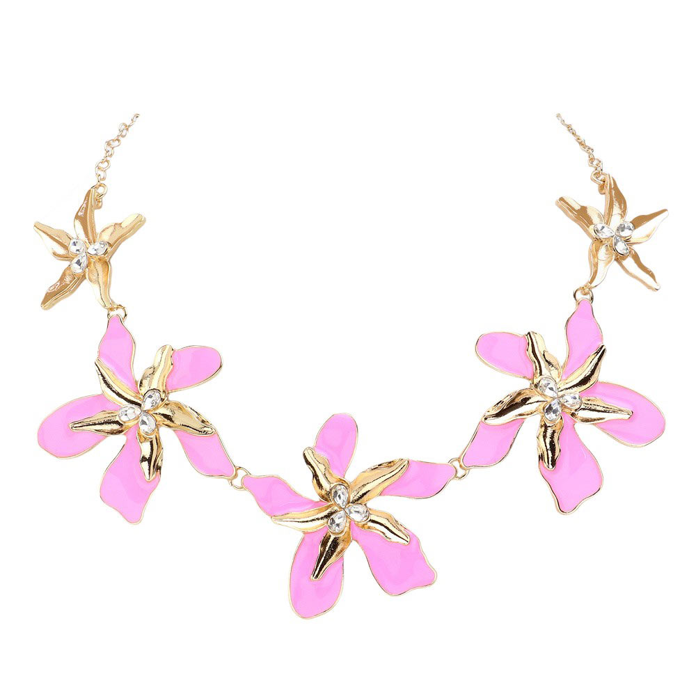 Pink Teardrop Stone Pointed Enamel Flower Link Necklace is a stunning addition to any jewelry collection. Expertly crafted, this elegant teardrop design and bold enamel flowers create a sophisticated statement piece. Made with high-quality materials, this necklace is both durable and beautiful. Perfect for any occasion.