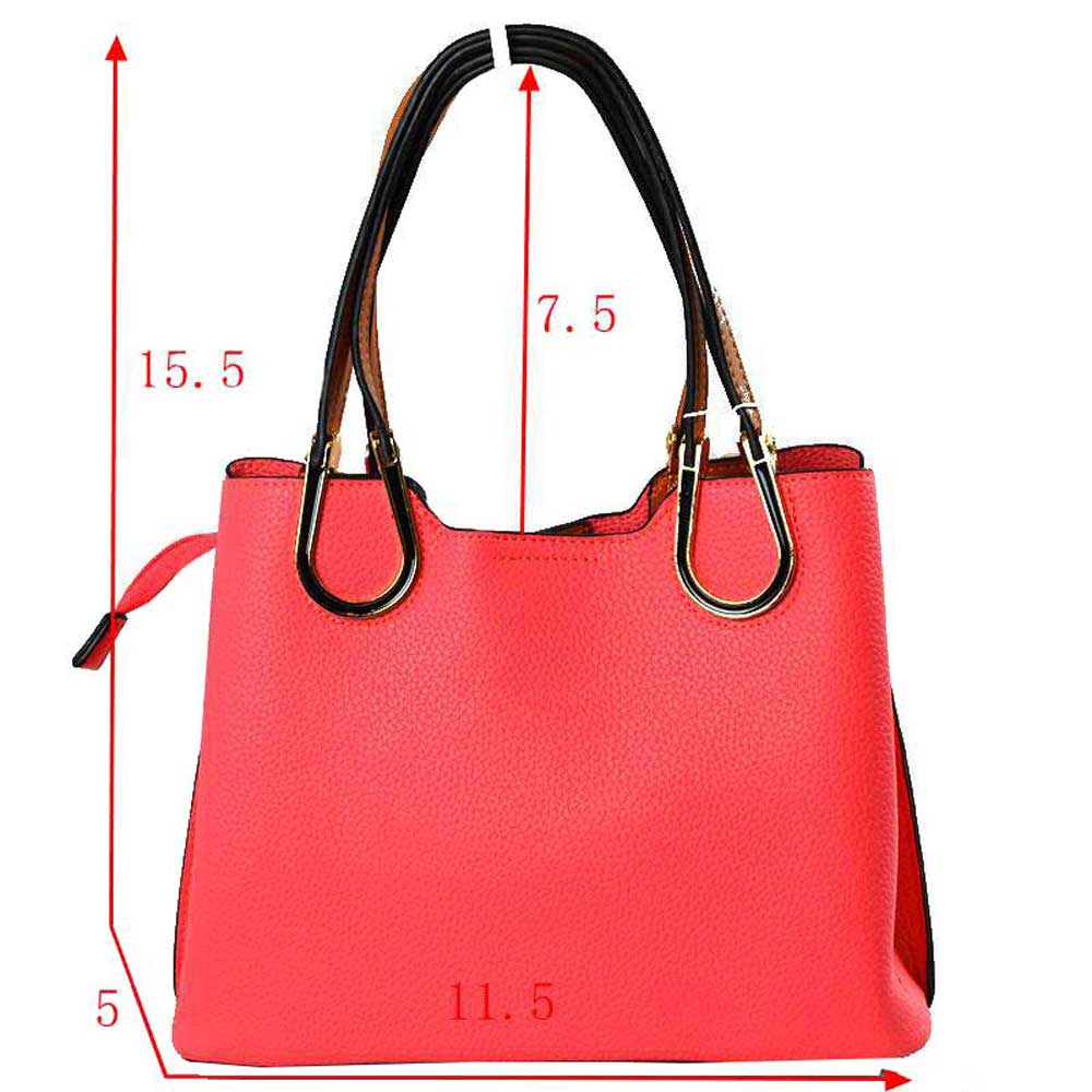 Pink Textured Faux Leather Horseshoe Handle Women's Tote Bag, featuring an eye-catching textured faux leather exterior and a horseshoe-shaped handle. The bag has a spacious interior, perfect for days when you need to carry a lot of items. Its structure and design ensure that your items will stay secure even on the go.