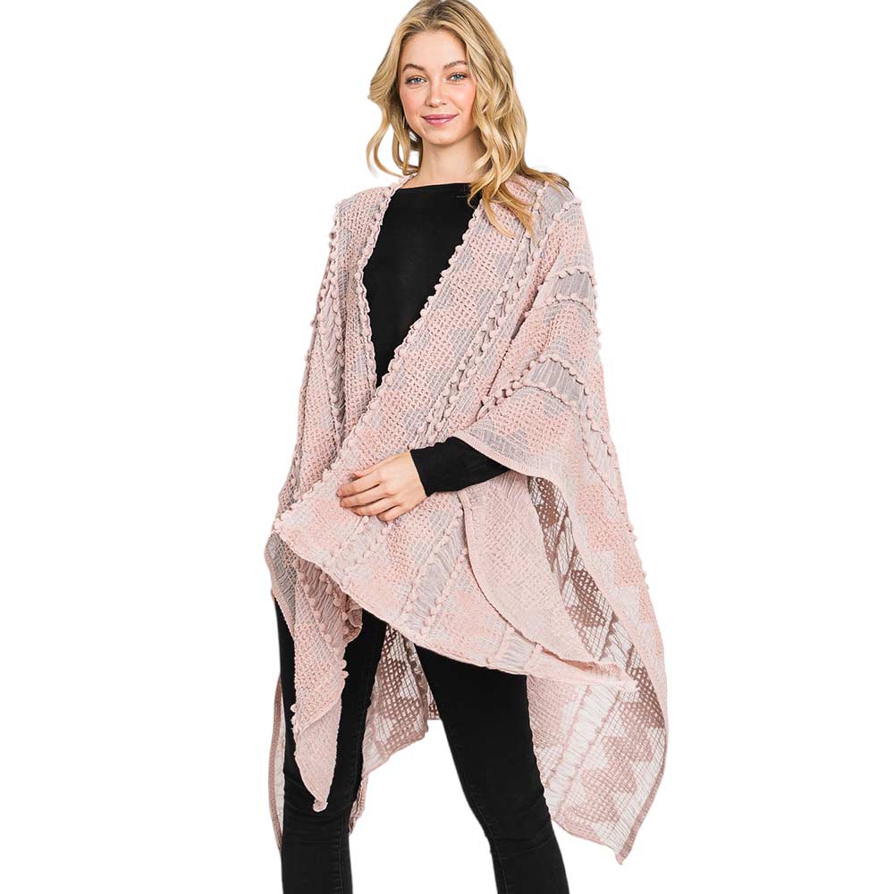 Pink Tiny Pom Pom Embellished Crochet Ruana Poncho, with the latest trend in ladies' outfit cover-up! the high-quality knit poncho is soft, comfortable, and warm but lightweight. It's perfect for your daily, casual, party, evening, vacation, and other special events outfits. A fantastic gift for your friends or family.