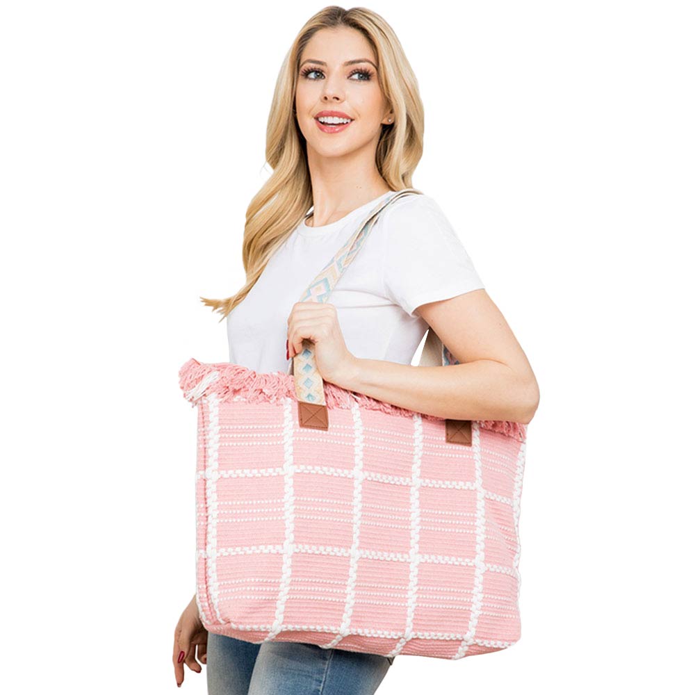 Pink Top Fringe Pointed Check Patterned Tote Bag, this tote bag is versatile enough for carrying through the week. Simple and leisurely, elegant and fashionable, suitable for women of all ages to carry around all day. Perfect for traveling, beach, shopping, camping, dating, and other outdoor activities in daily life.