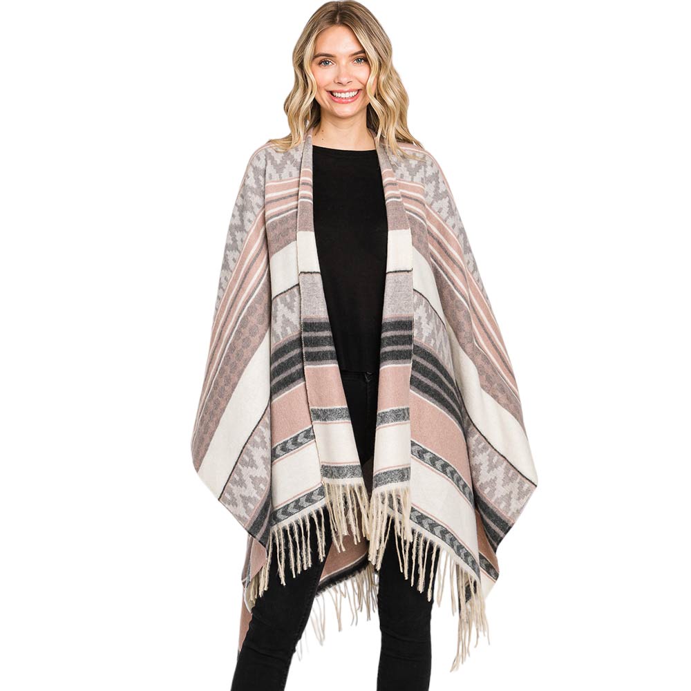 Pink Trendy Aztec Patterned Fringe Ruana Poncho, with the latest trend in ladies' outfit cover-up! the high-quality knit poncho is soft, comfortable, and warm but lightweight. It's perfect for your daily, casual, party, evening, vacation, and other special events outfits. A fantastic gift for your friends or family.