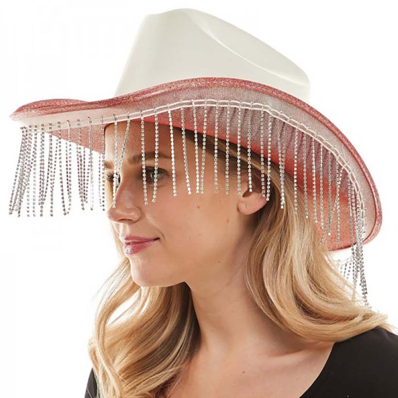 Pink Trendy Rhinestone Fringe Glittered Cowboy Hat, Large comfortable, and perfect for keeping the sun off of your face, neck, and shoulders.  It looks so pretty, bright, & elegant at summer parties & special occasions. Perfect gifts for birthdays, Mother’s Day, anniversaries, Valentine’s Day, or any special occasion.