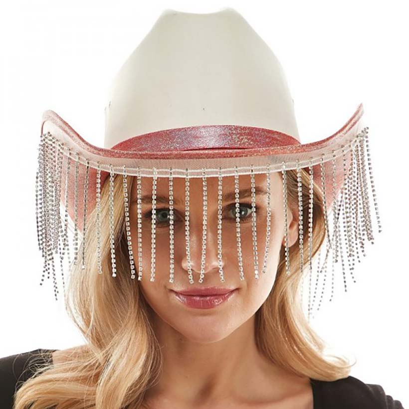 Pink Trendy Rhinestone Fringe Glittered Cowboy Hat, Large comfortable, and perfect for keeping the sun off of your face, neck, and shoulders.  It looks so pretty, bright, & elegant at summer parties & special occasions. Perfect gifts for birthdays, Mother’s Day, anniversaries, Valentine’s Day, or any special occasion.