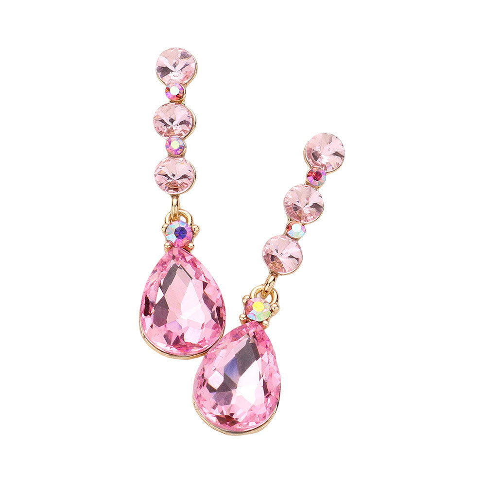 Pink Triple Round Stone Teardrop Link Dangle Evening Earrings, look beautiful with these versatile Dangle Evening Earrings. These earrings feature a teardrop dangle design, perfect for dressing up any outfit. Perfect for any occasion. These beautifully designed earrings are suitable as gifts for wives, and mothers.