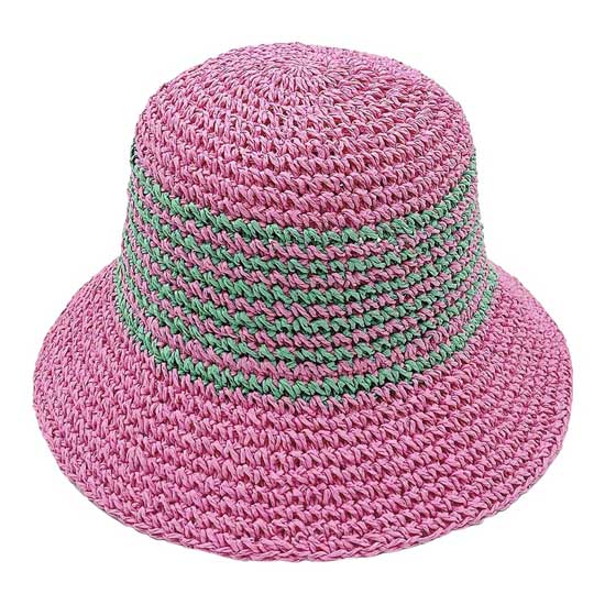 Pink Two-Tone Stripe Straw Bucket Hat, Stay cool and stylish with the stylish summer hat. This quirky hat features a unique two-tone stripe design that adds a touch of fun to any outfit. Keep the sun out of your eyes while adding a playful flair to your look. Perfect for a day at the beach or a casual outing.