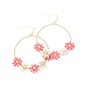 Pink Wood Beaded Flower Accented Open Metal Dangle Earrings, these eye-catching earrings feature wood beads and a stylish metal design. These simple yet beautiful wood-beaded earrings are perfect for any outfit. These open metal dangle earrings can be given as a sweet gift to your family & friends on Valentine's Day.