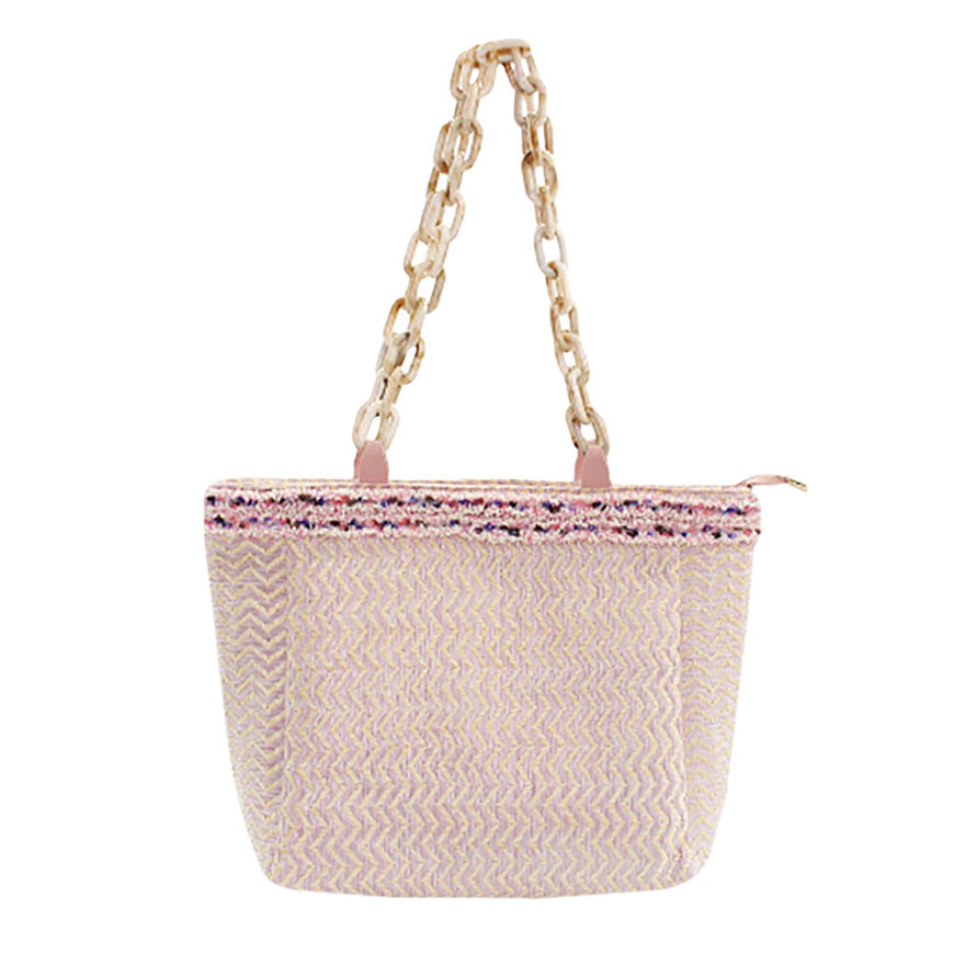Pink Zigzag Chevron Patterned Celluloid Acetate Straw Tote Bag, this straw tote bag is versatile enough for wearing through the week, simple and leisurely, elegant and fashionable, suitable for women of all ages, and ultra-lightweight to carry around all day. 