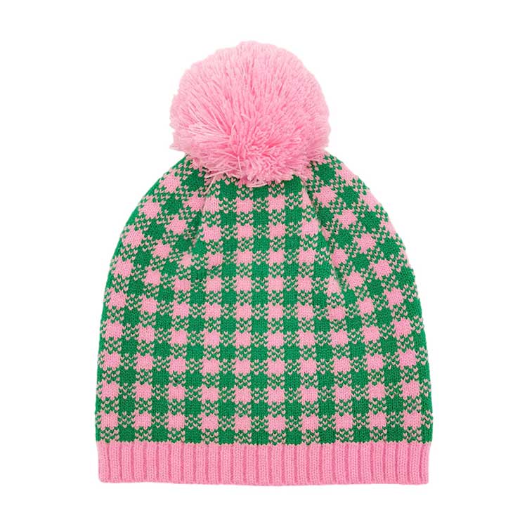 Pink & Green Check Patterned Pom Pom Beanie Hat. This knitted beanie features a classic check pattern in multiple color options and a luxurious pom pom. It’s perfect for any cold weather activity and adds a colorful touch to any outfit. Ideal for gifting to your friends and family members or to treat yourself on chilly days.