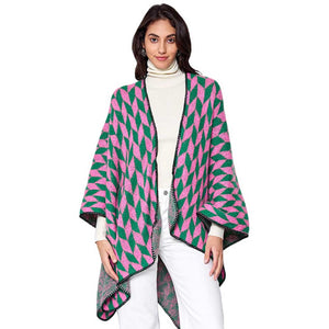 Pink & Green Geometric Patterned Knit Kimono Poncho, adds a stylish touch to any outfit. Crafted with care, the quality of this poncho gives you a comfy fit and feel. Enjoy a unique blend of fashion and comfort. A thoughtful gift for fashion-loving friends and family members, special ones, and colleagues this winter.