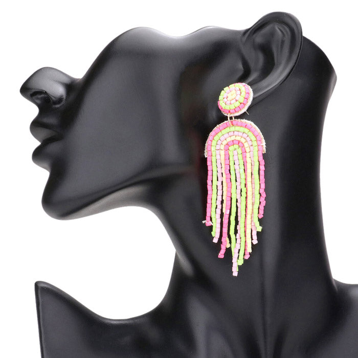 vibrant Colorful Pink Beaded Fringed Dangle Earrings. These eye-catching accessories feature handmade beads that come in a wide variety of colors and create a unique look. Perfect gift for Birthdays, Anniversaries, Mother's Day, Graduation, Regalo Cumpleanos, Regalo Navidad, etc.