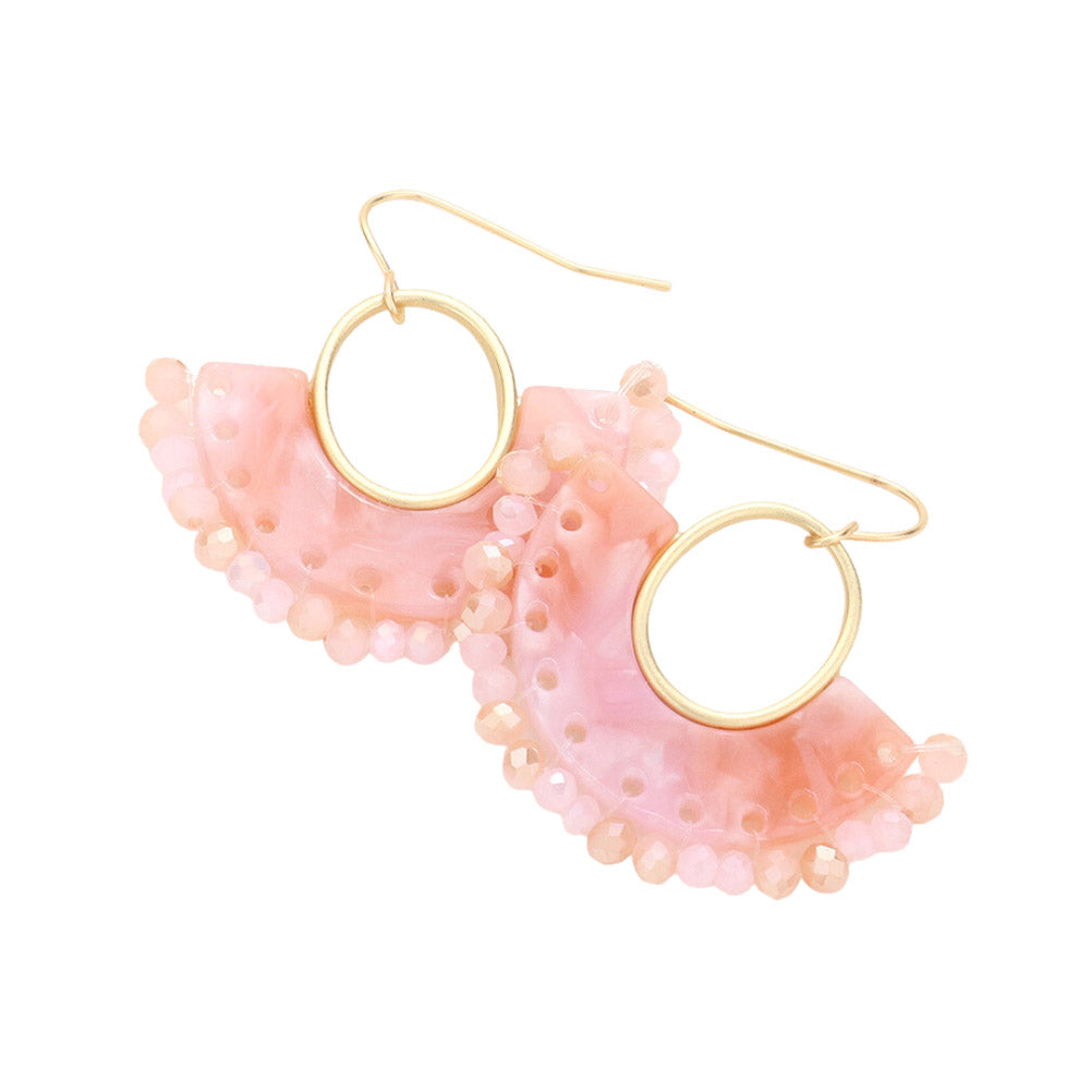 Pink Half Round Celluloid Acetate Faceted Bead Trimmed Dangle Earrings! Lightweight and unique, an eye-catching design, sure to add a bit of sparkle to any look. Show the world your unique style! Perfect Birthday Gift, Anniversary Gift, Graduation Gift, Prom Jewelry, Regalo Navidad, Regalo Cumpleanos, Thank you Gift