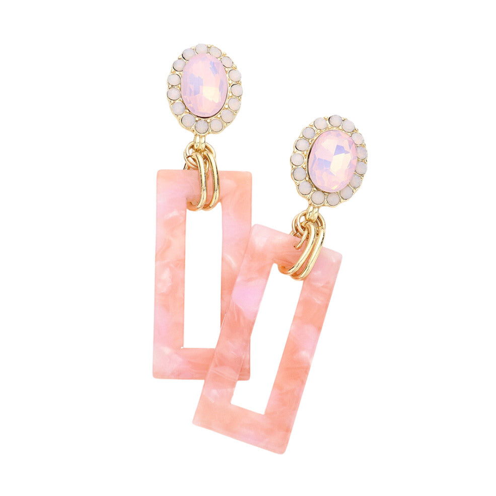 Tired of plain old earrings? Add some pizzazz to your look with these Pink Oval Stone Celluloid Acetate Open Rectangle Link Dangle Earrings! Embellished with rhinestones in open circles, these earrings are sure to sparkle. Perfect Birthday Gift, Anniversary Gift,  Christmas Gift, Regalo Navidad, Regalo Cumpleanos