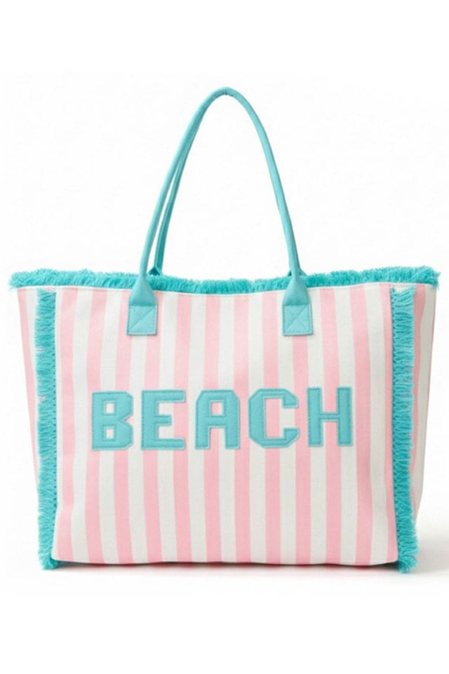 Pink Carry your beach essentials in style with this vibrant summer tote bag. Featuring a bold "BEACH" letter design paired with classic striped patterns and a playful frayed edge trim, it's the perfect companion for days by the water. Crafted from durable 100% polyester, this spacious bag measures 17.5" x 15" x 5" and includes a secure zipper closure and convenient inner pocket for keeping valuables organized. Whether you're heading to the shore or running errands around town, this versatile tote combines f