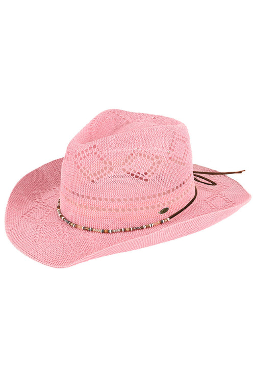 C.C Beaded Charm Trim Woven Cowboy Hat - Pink