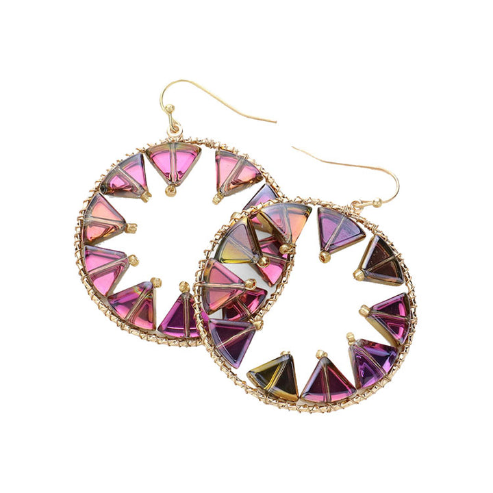 Pink-Multi-Triangle Beads Embellished Open Circle Dangle Earrings, Perfect statement piece for any outfit. Made with high-quality materials and intricate design, they offer a unique and elegant touch to your look. The open circle dangle adds movement and style, while the triangle beads bring a touch of glamour.