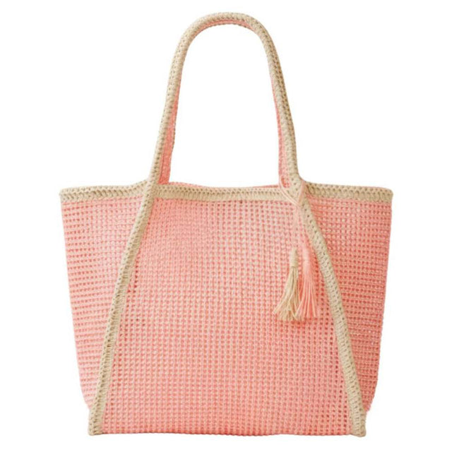 PInk Elevate your summer style with this charming two-tone woven straw tote. Crafted from 100% paper, it combines natural texture with practical design. Measuring 20.5" x 13.5" x 6", it offers ample space for beach days, market trips, or everyday essentials. The magnetic snap closure keeps your belongings secure, while an inner pocket adds convenient organization. Finished with a playful tassel detail, this versatile bag transitions seamlessly from casual to chic.