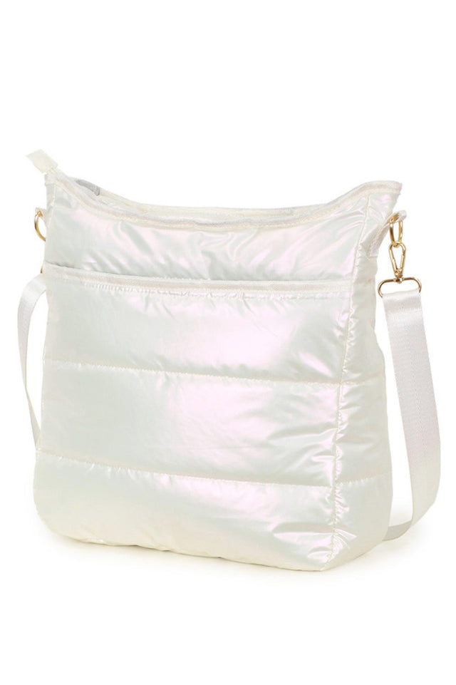 Platinum Elevate your everyday carry with this Solid Puffy Crossbody Bag. Crafted from durable 100% polyester, it features a quilted puffy design that's both stylish and practical. With generous dimensions of 12" x 13" x 4", you'll have plenty of space for your essentials while keeping your hands free. The crossbody strap makes it perfect for on-the-go convenience, whether you're running errands, traveling, or heading out for the day.