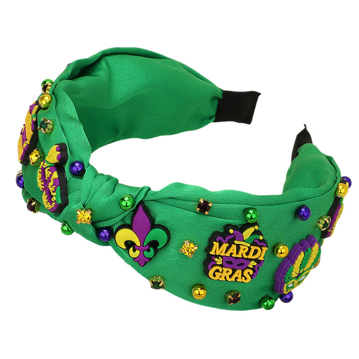 Polymer Clay Mardi Gras Charm Stone Cluster Embellished Knot Headband adds festive flair to your outfit. Made with polymer clay, it features a charming stone cluster embellishment that exudes elegance. Perfect for any Mardi Gras celebration, it’s a must-have accessory for a fun and stylish look. 