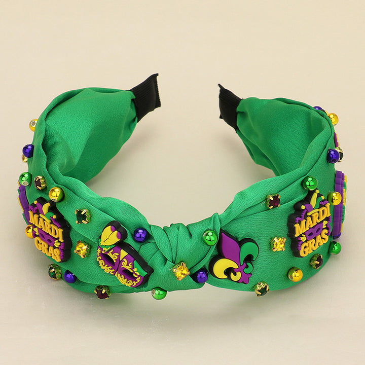 Polymer Clay Mardi Gras Charm Stone Cluster Embellished Knot Headband adds festive flair to your outfit. Made with polymer clay, it features a charming stone cluster embellishment that exudes elegance. Perfect for any Mardi Gras celebration, it’s a must-have accessory for a fun and stylish look. 