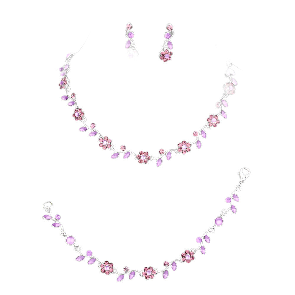 Purple 3PCS Flower Leaf Cluster Rhinestone Necklace Jewelry Set, These gorgeous Rhinestone pieces will show your class on any special occasion. The elegance of these rhinestones goes unmatched. Get ready with these bright stunning fashion Jewelry sets, and put on a pop of shine to complete your ensemble. Simple sophistication gives a lovely fashionable glow to any outfit style. Simple sophistication, dazzling polished, is a timeless beauty that makes a notable addition to your collection.