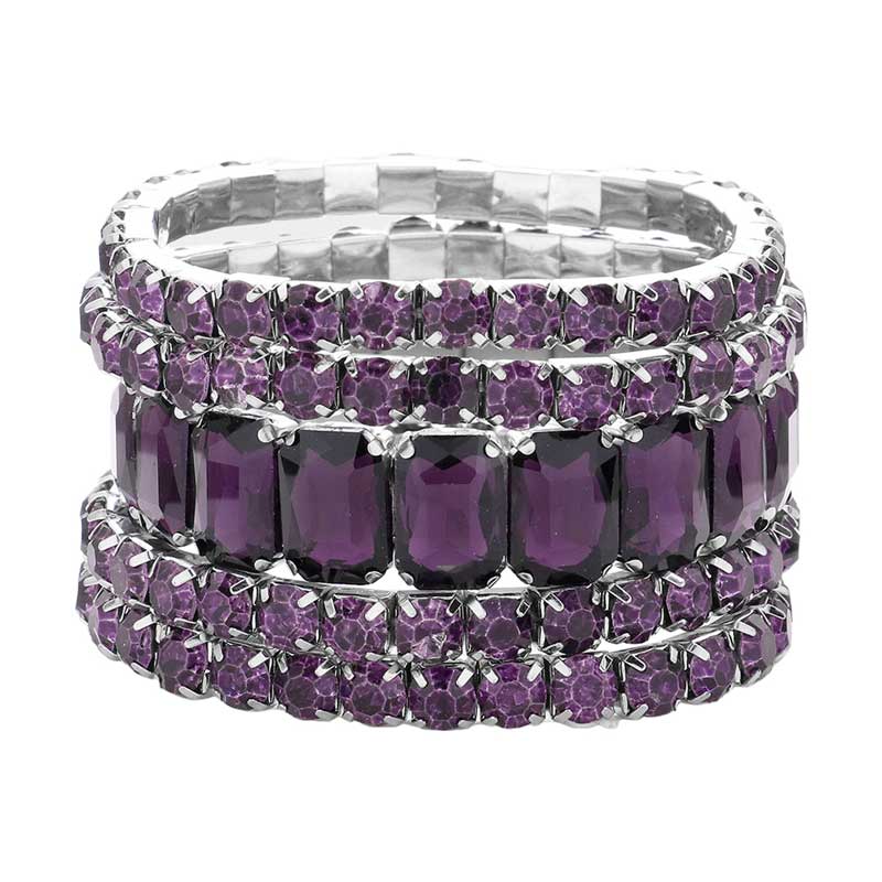 Purple 5PCS Rectangle Round Stone Stretch Multi Layered Bracelets, Add this 5 piece multi layered bracelet to light up any outfit, feel absolutely flawless. perfectly lightweight for all-day wear, coordinate with any ensemble from business casual to everyday wear, put on a pop of color to complete your ensemble. Awesome gift idea for birthday, Anniversary, Valentine’s Day or any special occasion.