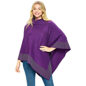 Purple Bling Border Solid Neck Poncho, with the latest trend in ladies' outfit cover-up! the high-quality knit neck poncho is soft, comfortable, and warm but lightweight. Stay protected from the chilly weather while taking your elegant looks to a whole new level with an eye-catching, luxurious casual outfit for women!