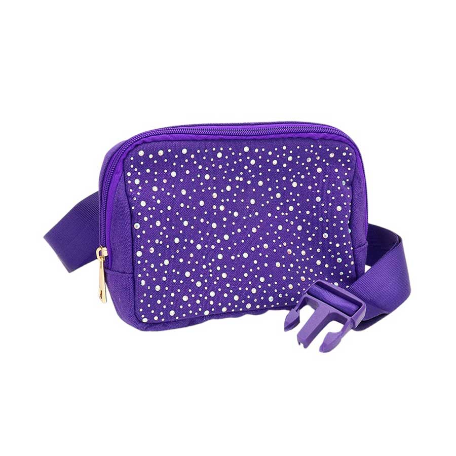 Purple Bling Sling Bag Fanny Bag Belt Bag, is both stylish and functional. With its adjustable shoulder strap, it is conveniently worn across the body for hands-free convenience and a secure fit. Its sleek design features bling detailing, making it perfect for everyday wear. A functional companion for outdoor activities.