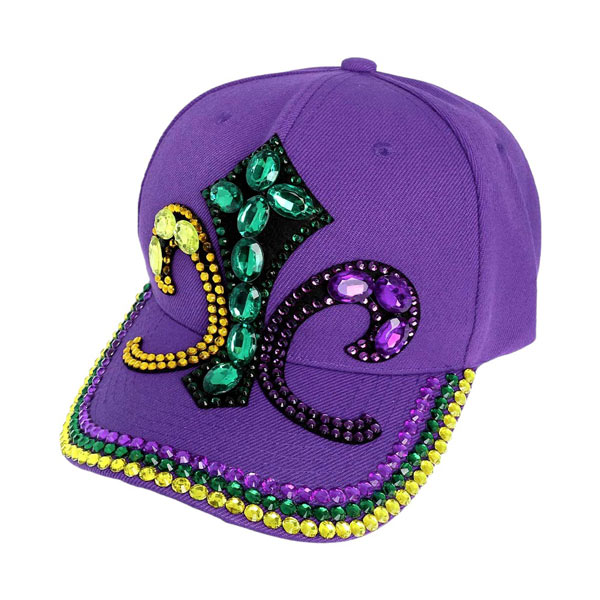Purple  Bling Studded Mardi Gras Fleur de Lis Baseball Cap is the perfect accessory for adding some extra flair to your Mardi Gras outfit. With its striking fleur de lis design and sparkling studs, this cap will make you stand out in the crowd. A must-have for any Mardi Gras celebration!
