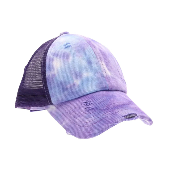 Purple C.C Kids Tie Dye Criss-Cross Ponycap combines playful tie-dye patterns with a practical criss-cross design, ensuring a secure and comfortable fit for active children. Crafted for durability and style, this ponytail keeps hair neatly in place while adding a vibrant touch to any outfit. Ideal for everyday wear, it offers both function and fashion for young, energetic lifestyles.