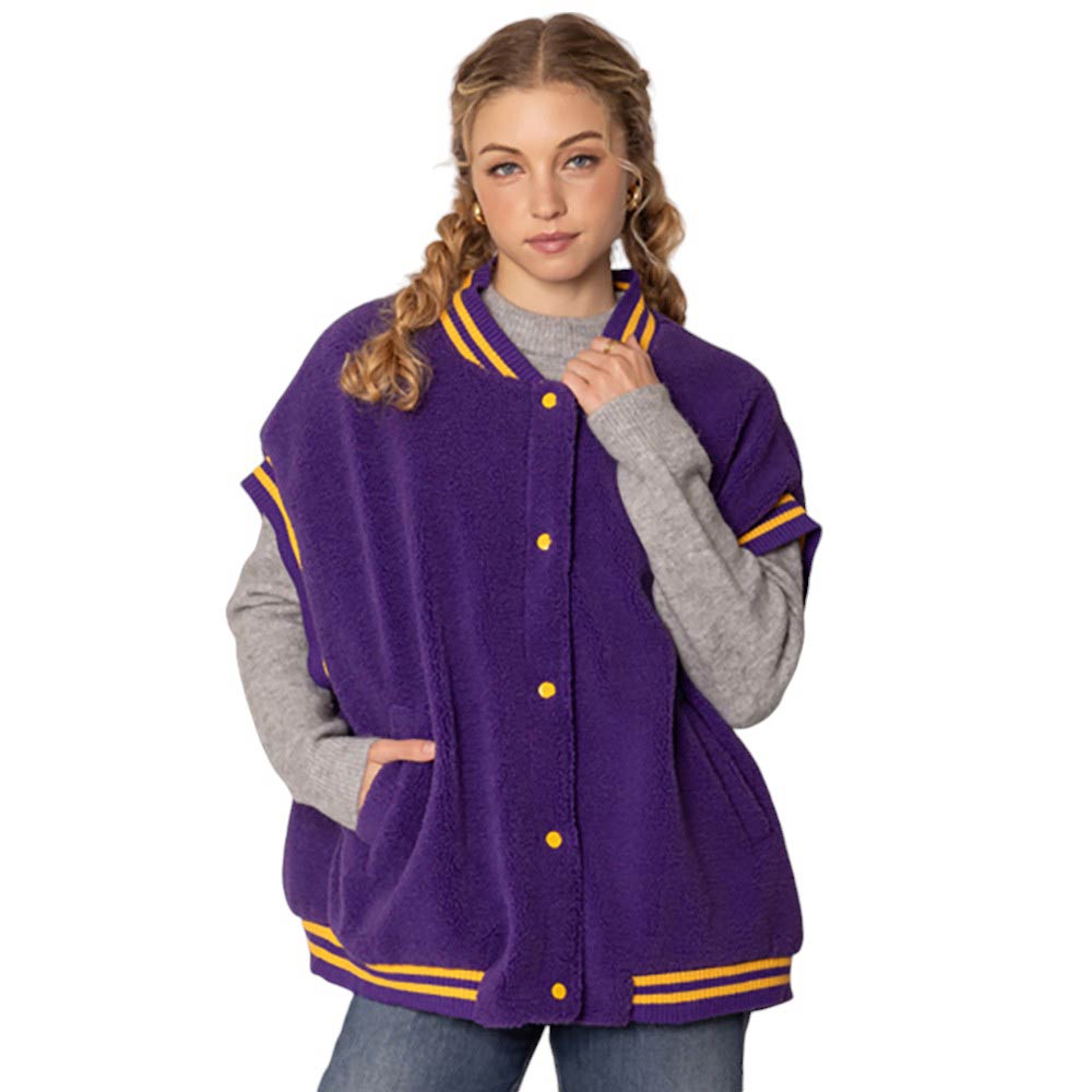 Purple-College Game Day Sherpa Vest, Made with warm and soft sherpa material, this vest is perfect for chilly game days. Represent your team in style and comfort, and stay warm while cheering them on to victory. Perfect for any college sports fan. A perfect way to finish off your winter wardrobe.