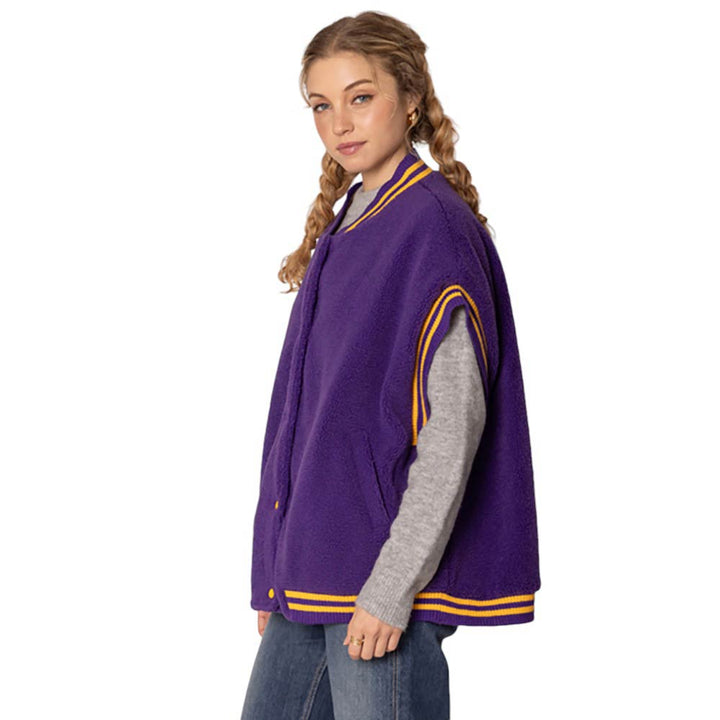 Purple-College Game Day Sherpa Vest, Made with warm and soft sherpa material, this vest is perfect for chilly game days. Represent your team in style and comfort, and stay warm while cheering them on to victory. Perfect for any college sports fan. A perfect way to finish off your winter wardrobe.