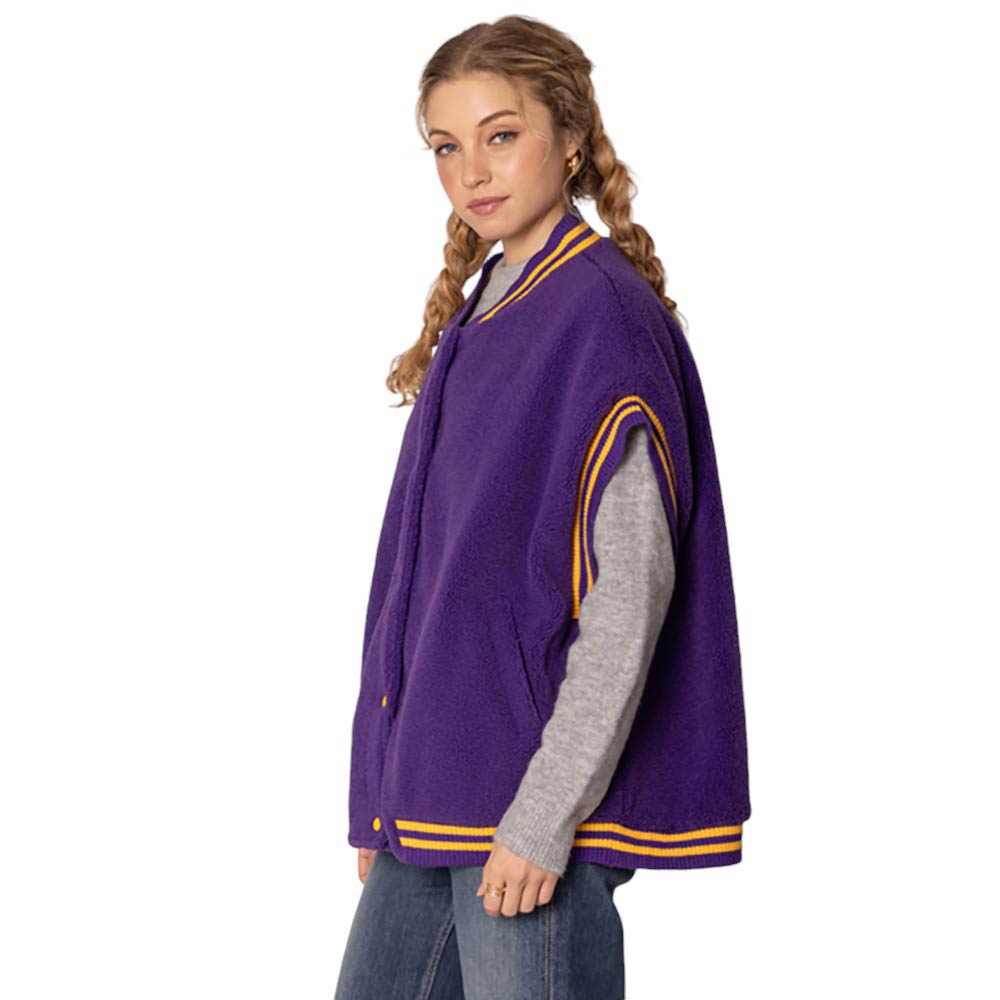 Purple-College Game Day Sherpa Vest, Made with warm and soft sherpa material, this vest is perfect for chilly game days. Represent your team in style and comfort, and stay warm while cheering them on to victory. Perfect for any college sports fan. A perfect way to finish off your winter wardrobe.