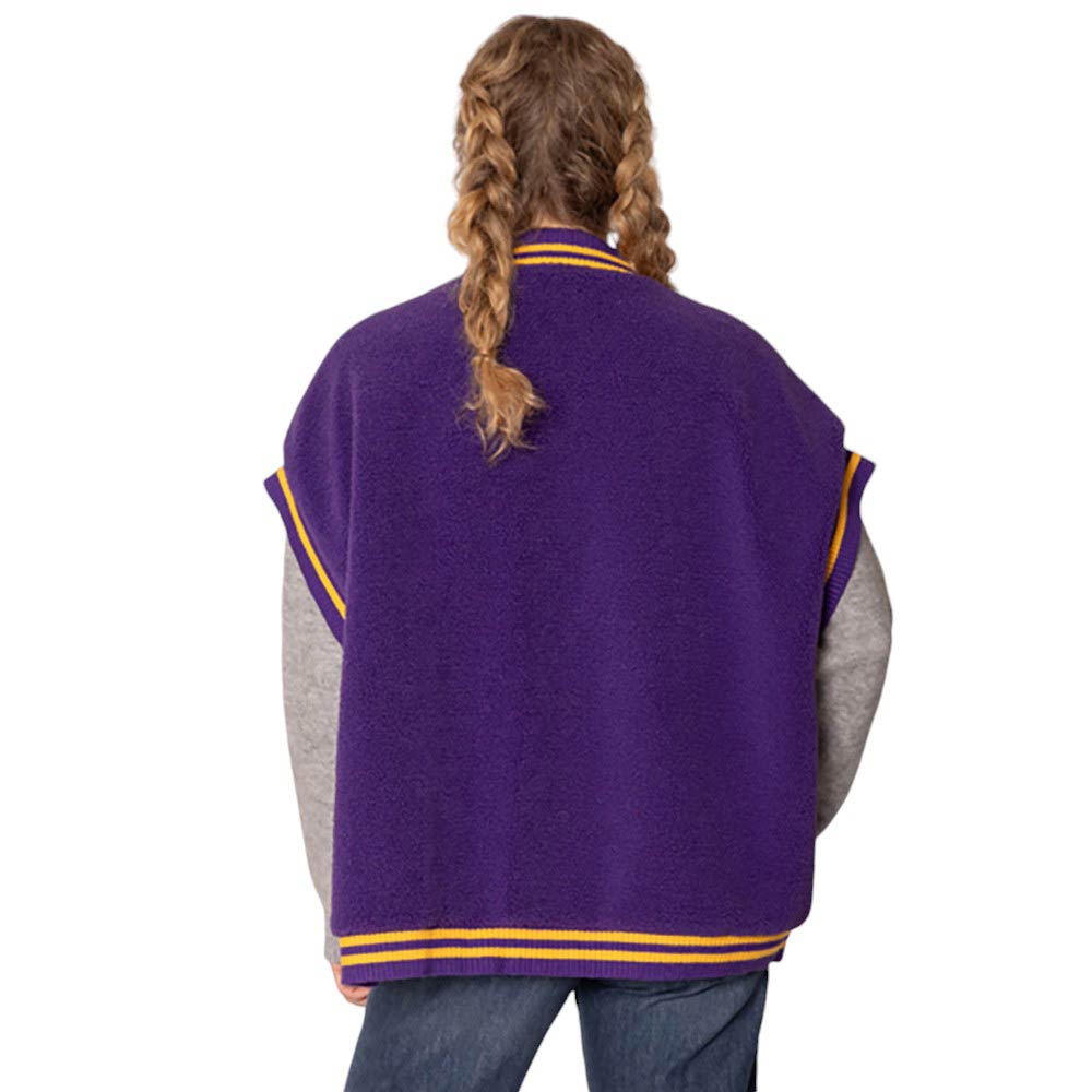 Purple-College Game Day Sherpa Vest, Made with warm and soft sherpa material, this vest is perfect for chilly game days. Represent your team in style and comfort, and stay warm while cheering them on to victory. Perfect for any college sports fan. A perfect way to finish off your winter wardrobe.