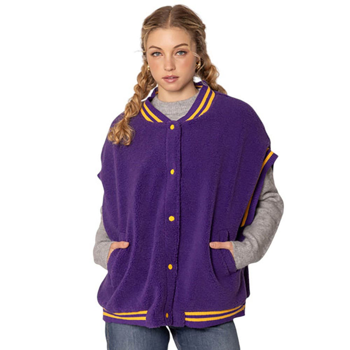 Purple-College Game Day Sherpa Vest, Made with warm and soft sherpa material, this vest is perfect for chilly game days. Represent your team in style and comfort, and stay warm while cheering them on to victory. Perfect for any college sports fan. A perfect way to finish off your winter wardrobe.