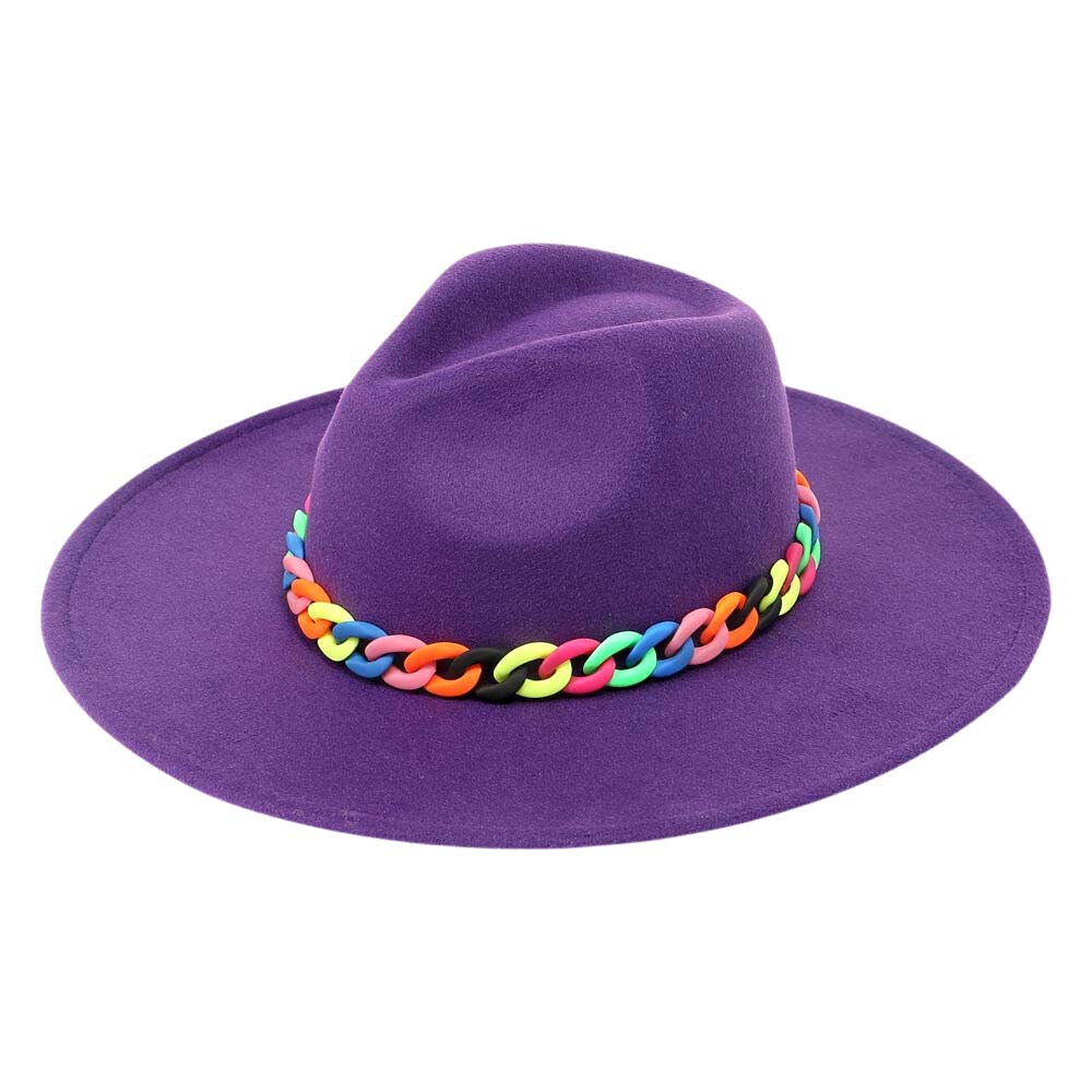 Purple Colorful Chain Accented Solid Panama Hat, a beautiful & comfortable Panama hat is suitable for summer wear to amp up your beauty & make you more comfortable everywhere. Perfect for keeping the sun off your face, neck, and shoulders. It's an excellent gift item for your friends & family or loved ones this summer.
