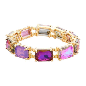 Purple Emerald Cut Stone Stretch Evening Bracelet, crafted from shimmering and high-quality glass beads. The Emerald cut of the stones makes sparkle and adds a touch of sophistication to any special occasion outfit. A timeless piece of jewelry perfect in any collection. Perfect gift for special ones on any special day.