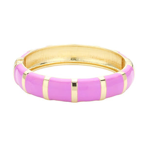 Purple Enamel Bamboo Hinged Bangle Bracelet, Discover the beauty and elegance of our bracelets that combine the durability of bamboo with the vibrant pop of enamel. Made for everyday wear, the bangle is both stylish and practical, with a hinged design for easy on and off. Add a touch of sophistication to your wardrobe.